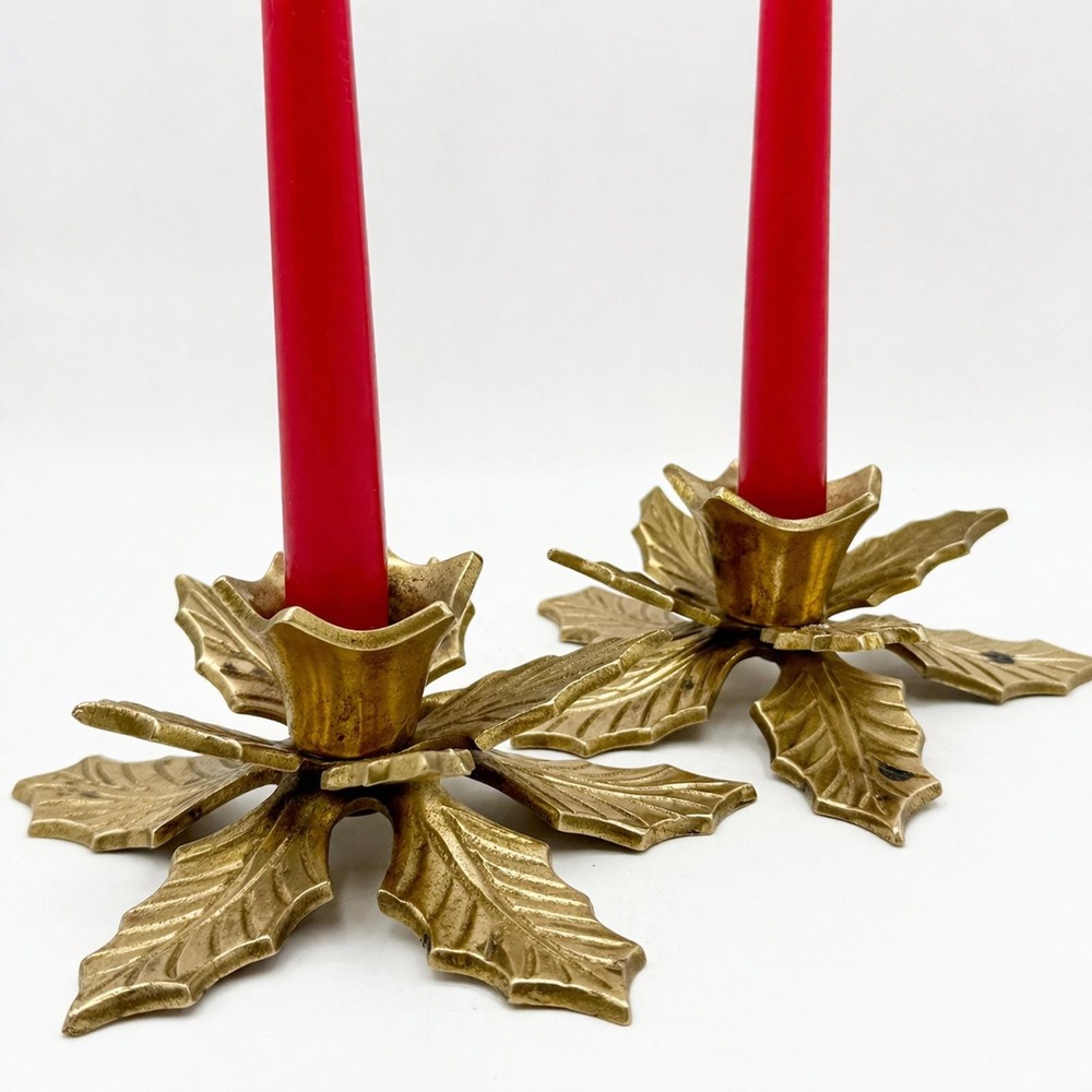 Vintage Brass Poinsettia Candle Holders Pair Gold Tone Christmas Taper Candles